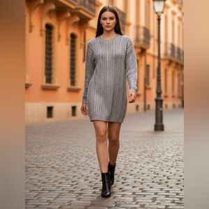 Women’s silver shiny coated cable knit long sweater | sweater dress size medium